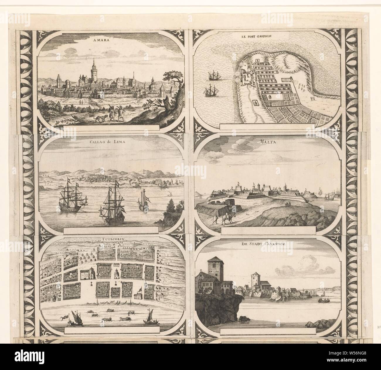 Amara/Callao de Lima/Tutecorin/Le Fort Davphin/Malta/der Stadt Cananoor (Titel auf Objekt), Blatt aus sechs separaten Grundrisse der oder Teilflächen auf verschiedene Städte: Amara (Indien oder im Irak), Callao, Tuticorin, Fort Dauphin an Tôlanaro in Madagaskar, Malta und Cananor. Rand zahlen sollen als Rahmen für das Einfügen einer Karte eines Kontinents, Karten von Städten, Aussicht auf die Stadt, die Stadt Panorama, Silhouette der Stadt, Malta, Madagaskar, Cananor, anonym, Amsterdam, 1670 - 1672, Papier, Ätzen, H 411 mm x B 442 mm Stockfoto