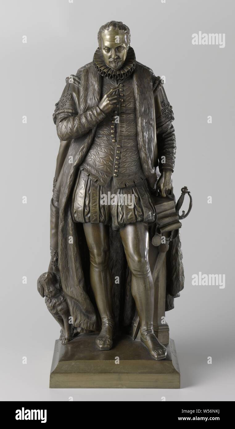 Statue von Wilhelm von Orange Statue von Wilhelm von Orange Statue von Willem van Oranje, Bronzestatue von Willem van Oranje. In der offiziellen Kleidung gegen eine Säule gelehnt gekleidet. Seine linke Hand ruht auf einem Sealed Document. Sein Schwert steht gegen die Säule. Auf seinen rechten Fuß ist ein Hund, der ihn sieht, historische Personen, Willem I (Prinz von Oranien), Louis Royer, Amsterdam, C. 1848 - C. 1851, bronze (Metall), Gründung, H 48 cm x W 20 cm x d 16,5 cm w 17,1 cm Stockfoto