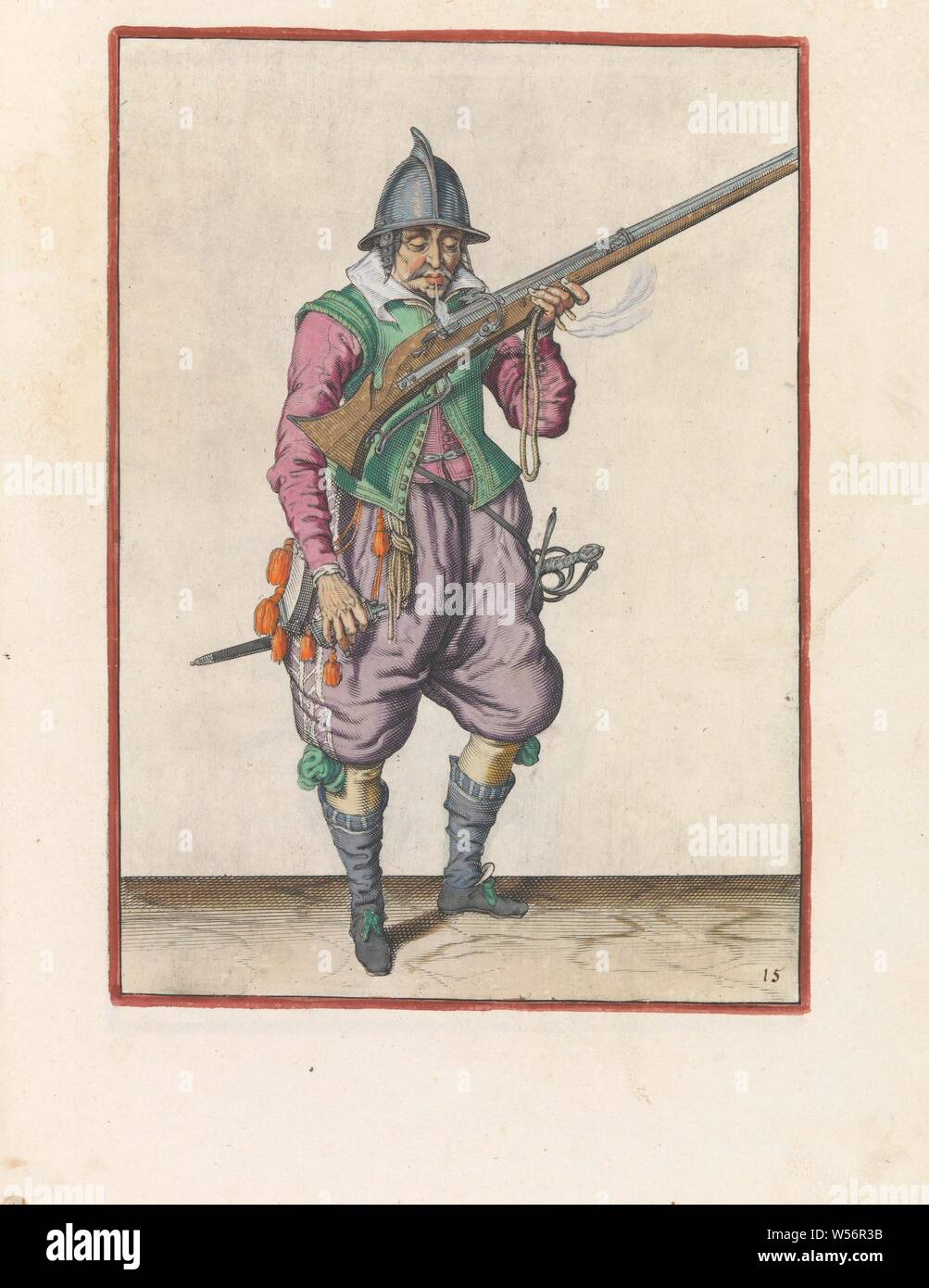 Soldat blasen Funken vom Pan seiner Ruder Corte onderwysinghe auf der figuerliicke ghebruyck afbeeldinghe, wichtiges Recht des Roers (ursprünglicher Titel der Serie), ein Soldat, volle Länge, auf der rechten Seite, ein Ruder (eine bestimmte Art der Feuerwaffe) in der Nähe von seinen Mund und Blasen über die Pan (das Pulver Behälter). In seiner linken Hand, neben das Ruder, eine brennende Zündschnur. Ein Pulver Flasche in der rechten Hand. Dieser Ausdruck ist Teil der Reihe von 42 Hand-nummerierte Drucke von bewaffneten Banditen in die Arme Bedienung, Handhabung von Waffen, militärische Ausbildung, Feuerwaffen: Gewehr, Jacob de Gheyn (II) (Werkstatt), Den Haag, c Stockfoto