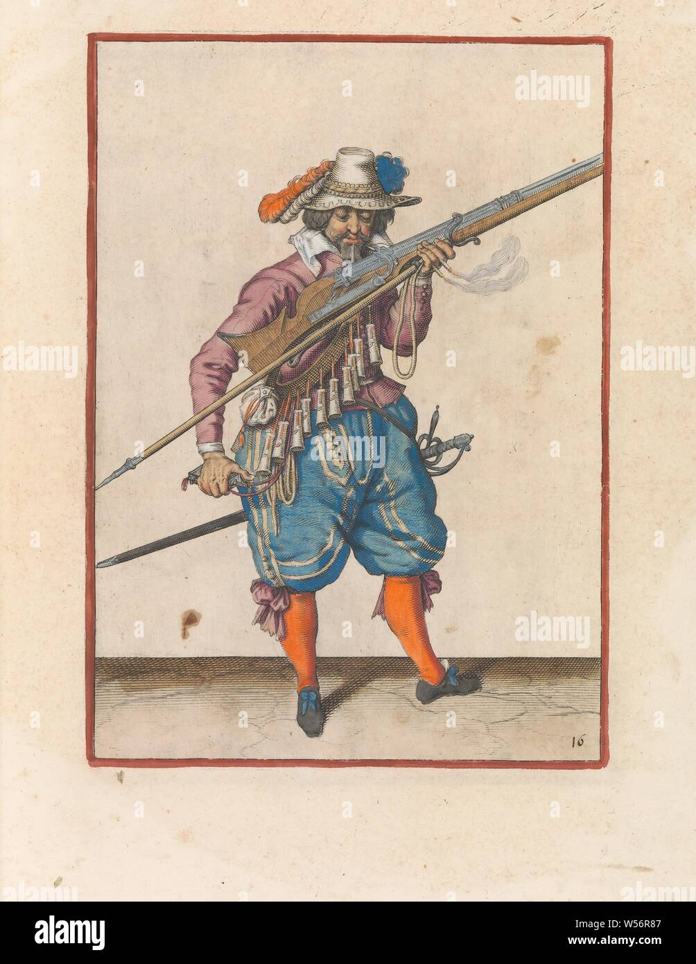 Soldat blasen Funken vom Pan seiner Muskete Corte unten rechts auf dem Bild, das er figuerliicke, soo viel das Recht van ghebruyck Musquet (ursprünglicher Titel der Serie), die eine Muskete (eine bestimmte Art der Feuerwaffe) in der Nähe von ihren Mund und bläst sie über die Pan (das Pulver Behälter). In seiner linken Hand, neben der Muskete, auch ein furket (muskete Gabel) und eine brennende Docht. Ein Pulver Flasche in der rechten Hand. Dieser Ausdruck ist Teil der Reihe von 43 Hand-nummerierte Drucke der Musketiere in der Wapenhandelhe, Handhabung von Waffen, militärische Ausbildung, Feuerwaffen: Gewehr, Jacob de Gheyn (II) (Werkstatt), Den Haag Stockfoto