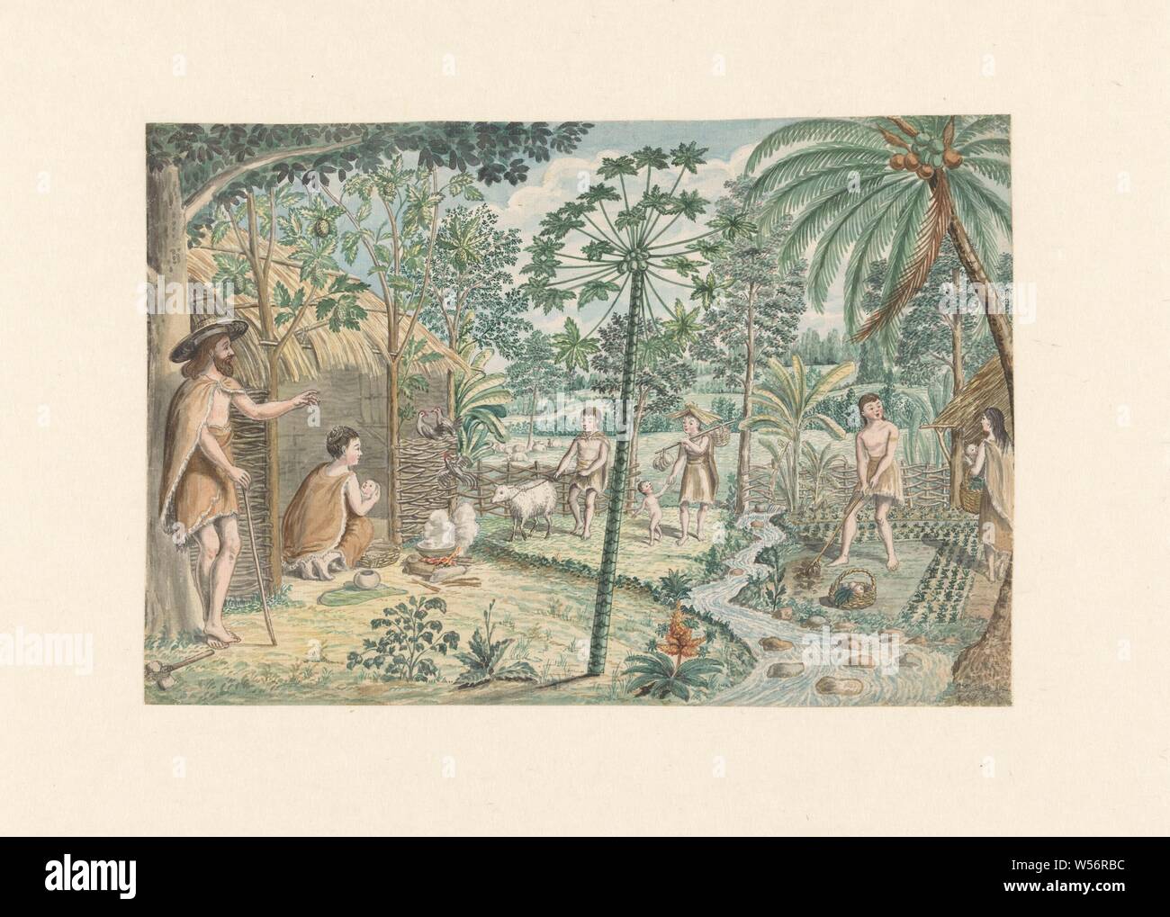 Idyllisches Dorf Szene, Fantasy Darstellung eines primitiven Siedlung mit weißen Mann Menschen in der Haut auf einem Fluss in eine exotische Landschaft, Dschungel - KK - ideale Landschaften, pastorals, Arkadische Szenen, Dorf (Figuren mit staffage), Jan Brandes, Straat van Taiwan, 1779 - 1785, Papier, Stift, Pinsel, H 204 mm x B 298 mm Stockfoto