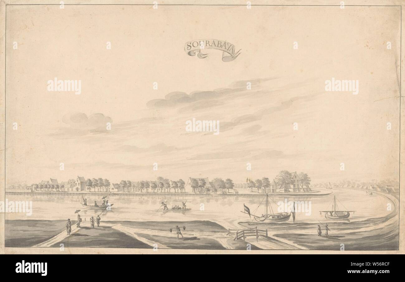 Anzeigen von Surabaya, Sourabaya (Titel auf Objekt), Blick auf die Häuser von Surabaya auf dem Kali Mas. Straße entlang eines Flusses mit unterschiedlichen Charakteren. Drei Boote und ein Floß auf dem Fluss. Ein Boot mit niederländischer Flagge vertäut. Auf der anderen Straßenseite Bäume und Häuser, Landschaften in tropischen und subtropischen Regionen, Fluss (Landschaft mit Figuren, staffage), Java, Surabaya, Kali Mas, A. de Nelly (möglicherweise), 1762-1783, Papier, Tinte, Bürste, H 320 mm x B 492 mm Stockfoto