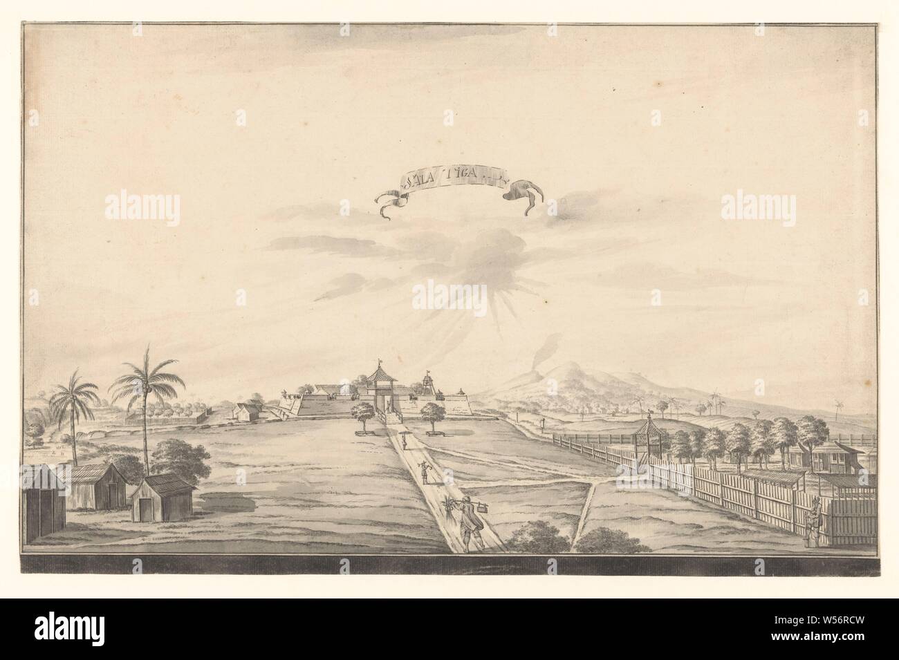 Ansicht der Salatiga fort, Sala Tiga (Titel auf Objekt), Blick auf die VOC-Festung in Salatiga. Weg in die Festung auf dem Land, auf der drei Abbildungen. Auf der linken Seite drei Hütten, auf der rechten umzäunten Grundstück und Landwirt lehnte sich auf Schaufel. Hügel im Hintergrund, Festung, Java, Salatiga, Dutch East India Company, A. de Nelly (möglicherweise), 1762-1783, Papier, Tinte, Bürste, H 312 mm x B 485 mm Stockfoto