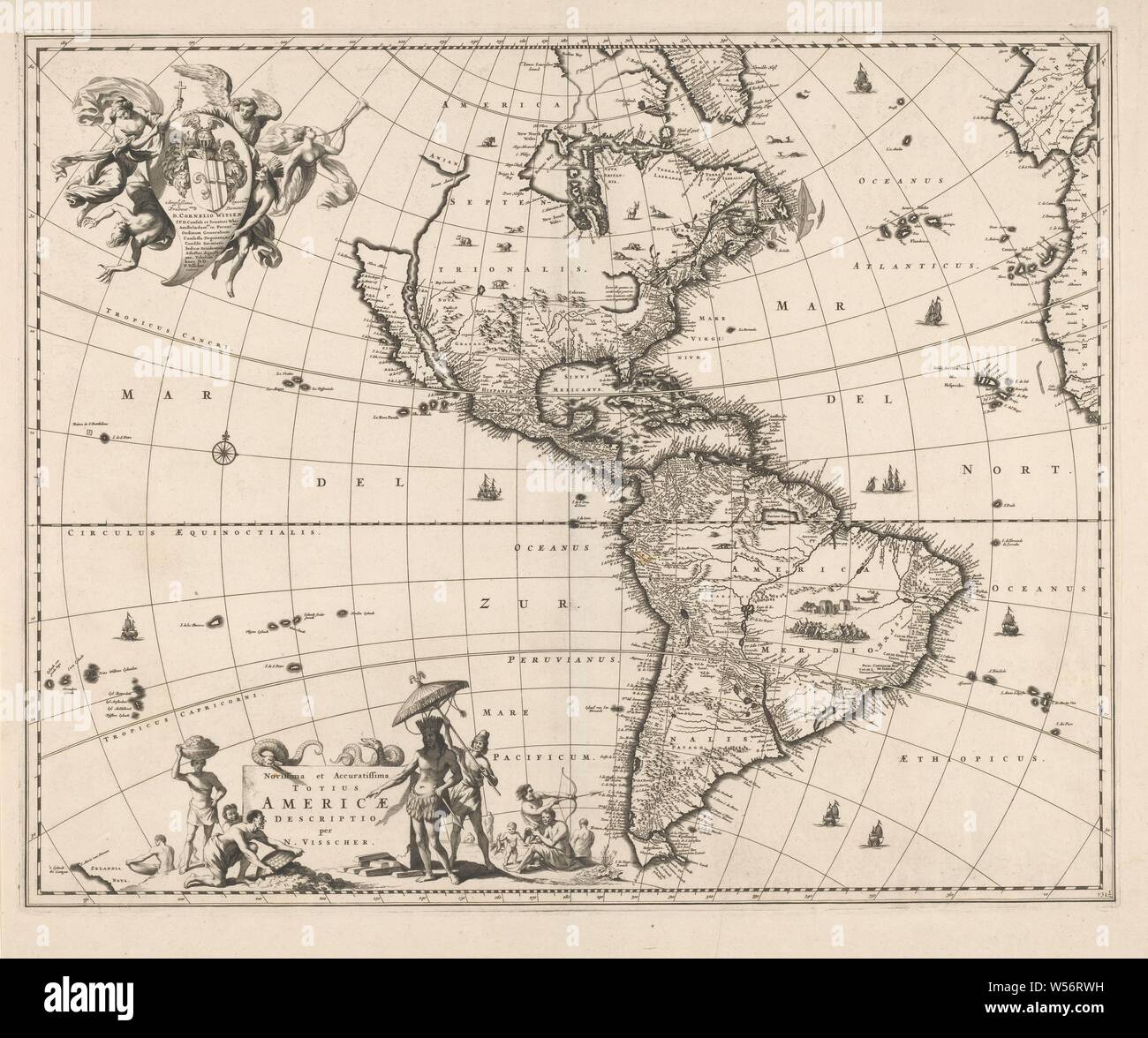 Karte von Nordamerika, Novissima et accuratissima totius Americae descriptio (Titel auf Objekt), Karte von Nord- und Südamerika. Schiffe im Meer, Berge, Bäume, Tiere, Menschen und Gebäude an Land. Unter Kartusche mit Titel, Schlangen, Einheimische und eine lokale Monarch in spezifischen lokalen Aktivitäten beteiligt. Oben links die Zuordnung zu den Amsterdamer Bürgermeister Cornelis Witsen und Gouverneur der WIC, mit Wappen und Helm, getragen von drei Engeln und ein Inder, (Weltkarte) Nordamerika, farbigen Rassen von Amerika, Nord- und Mittelamerika, Südamerika, Cornelis Witsen, West India Company, Gerrit Lucasz van Stockfoto