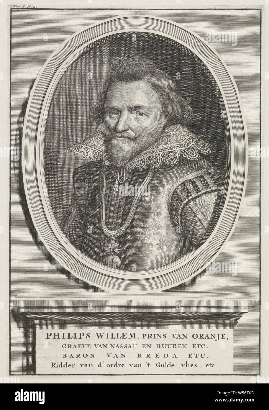 Porträt von Philipp Wilhelm, Prinz von Oranien, Porträt von Philip Willem in einem Oval. In einem Frame, seinen Namen, seine Orden Orden vom Goldenen Vlies - Abzeichen der Ritterschaft um, z.b.: Abzeichen, Kette (mit Namen), Philip Willem (Prinz von Oranien), Bernard Picart, Nederlanden, 1693 - 1733, Papier, Ätzen, H 262 mm x B 182 mm Stockfoto