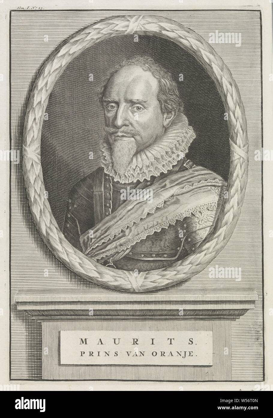 Portrait von Maurits, Prinz von Oranien, Portrait von Maurits in einem Oval von Eichenlaub. In einem Frame, seinen Namen, seine Ritterschaft (STRUMPFBAND) - Abzeichen der Ritterschaft um, z.b.: Abzeichen, Kette, Maurits (Prinz von Oranien), anonym, Nederlanden, 1600-1699, Papier, Ätzen, H 271 mm x B 185 mm Stockfoto