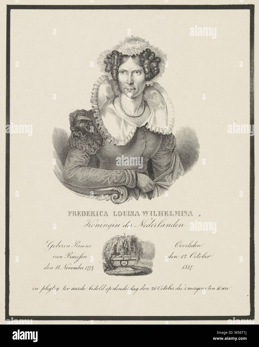 Portrait von Wilhelmina von Preußen, Portrait von Wilhelmina. In der Mitte der ein Portrait von ihr Grab. In den unteren Rand Ihr Name, Titel, Geburtsdatum, Sterbedatum und dem sie begraben wurde, Wilhelmina van Preußen (1774-1837), anonyme, Niederlande, 1837 - 1899, Papier, H 300 mm x B 246 mm Stockfoto