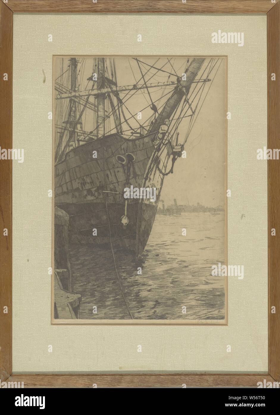 Drucken für Mr. D.U. Stikker, 1942, gerahmten Drucken mit Aussicht auf den Hafen in Rotterdam. Heck des Schiffes mit Masten, von links zur Mitte, l.o.: Teil des Kais, Seil, dass das Schiff, rechts Blick auf den Hafen mit Dampf Schlepper hält. In Holzrahmen (innen) hinter Glas. Auf der Rückseite eingegeben Hinweis mit 10 Unterschriften. Schreiben Inschrift: "Von Herrn D. U. Stikker/In voller Wertschätzung für Inspiration/Beratung und Unterstützung bei kritischen Tagen / Soziale Angelegenheiten Beratung Büro-/August 1941-August 1942'. R.o unterzeichnet.: Jan Sirks (Monogramm). Veraltet, r.o.:'13', Rotterdam, Dirk Uipko Stikker, Ministerium für Soziales Stockfoto