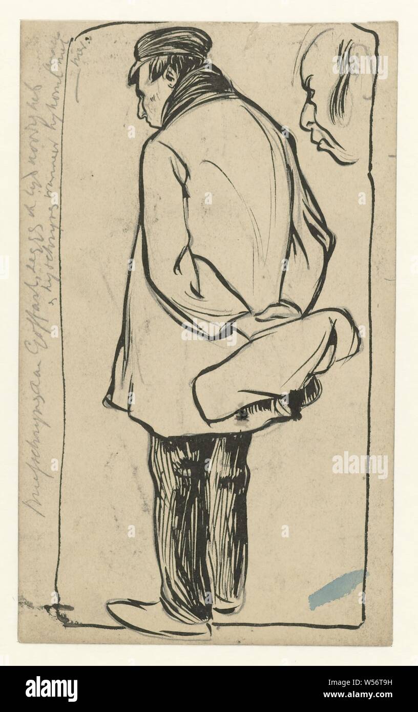 Stehende Mann, der Mann auf der Rückseite, nach links gedreht, die Hände auf dem Rücken, wo hält er ein Paket. Er trägt eine Jacke, Schal und Mütze. Rechts oben der Kopf eines zornigen Mann. Möglich für eine politische Karikatur. Auf der Rückseite der Zeitschrift ein stehender Mann, Knie - Länge Stück, trägt eine Mütze, Schal und Jacke, Niederlande, Jan de Waardt, 1881-1899, Papier, Bleistift, Tusche, h 192 mm × 116 mm. Stockfoto