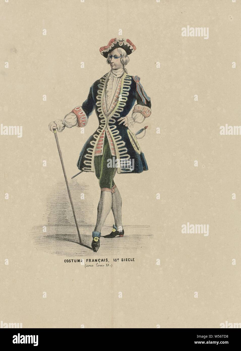 Kostüm Français, 18. siècle (sous Louis XV.) (Titel auf Objekt), ist der Mensch in französischer Sprache historische Kostüm in der Zeit von Louis XV, 18. Zusätzliche Leistung für die Blechbearbeitung auf der kostümierten Ball im Schloss des Prinzen von Orange (der spätere König William III) in Den Haag am 26. Februar 1845, historischen Kostüm, Elias Spanier (zugeschrieben), Den Haag, C. 1840 - C. 1850, Papier, H 302 mm x B 216 mm Stockfoto