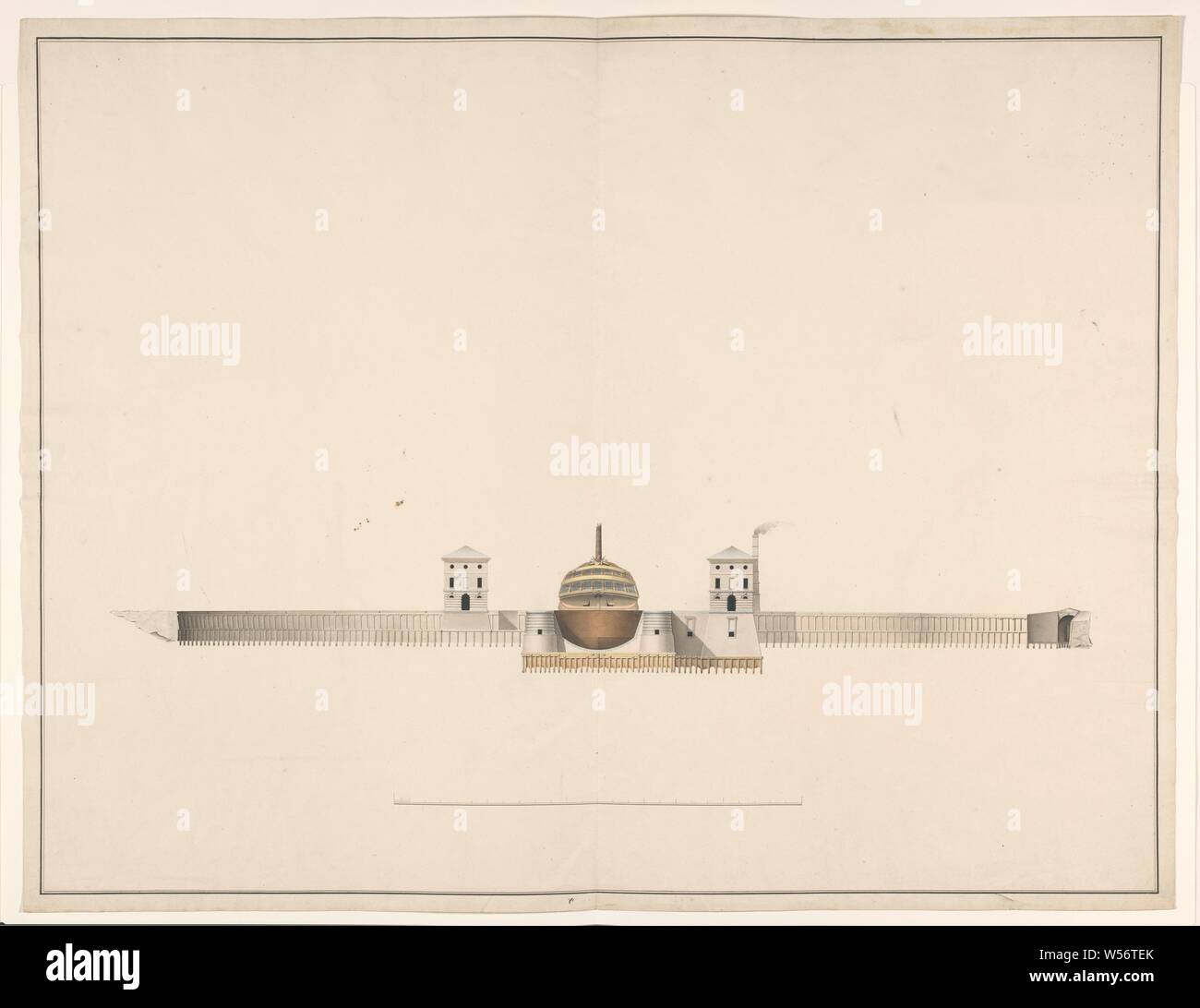 Zeichnung des double Dry Dock in Hellevoetsluis, Schiff im Trockendock zwischen zwei Gebäuden, die auf der rechten Seite mit einem rauchenden Schornstein. Unten auf der Zeichnung eine unvollendete Skala, Trockendock, Schwimmdocks, Hellevoetsluis, Jan Blanken Jansz., Niederlande, C. 1802, Papier, Tusche, Aquarell (Lack), Bürste, H 64 cm x W 82,5 cm Stockfoto