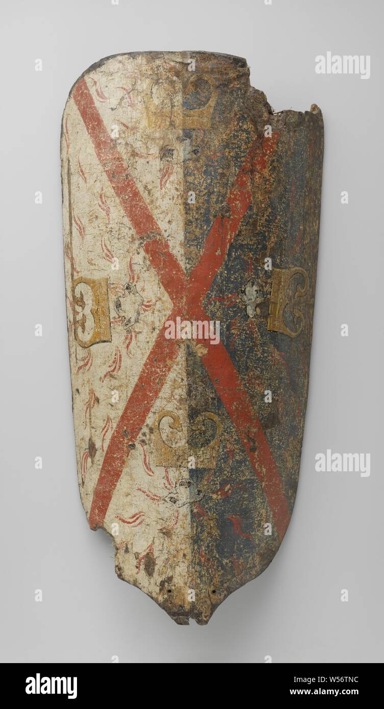 Mit pavise St Andrew's Cross Shield burgundischen Schild mit Andrew's Cross, burgundischen Schild mit Andrew's Cross. Längliche konvexe Schild mit abgerundeten oberen Rand, unten spitz zulaufend und Curly zu einem Punkt, dass abgebrochen hat. Oberhalb der beiden Löcher, vermutlich ein Bügeleisen Tipp in der Lage sein, den Schild aufrecht in den Boden zu pflanzen, zu befestigen. Die unlackierte Innenraum hat vier Befestigungspunkte für Leder Gürtel, in der Mitte ein Rautenmuster von Reißzwecken, wahrscheinlich ein Leder Sitzkissen zu befestigen. Das Gemälde auf der Vorderseite besteht aus einem vertikalen Aufteilung der Weiß (links) und blau geteilt, auf denen eine rote Andreas Stockfoto