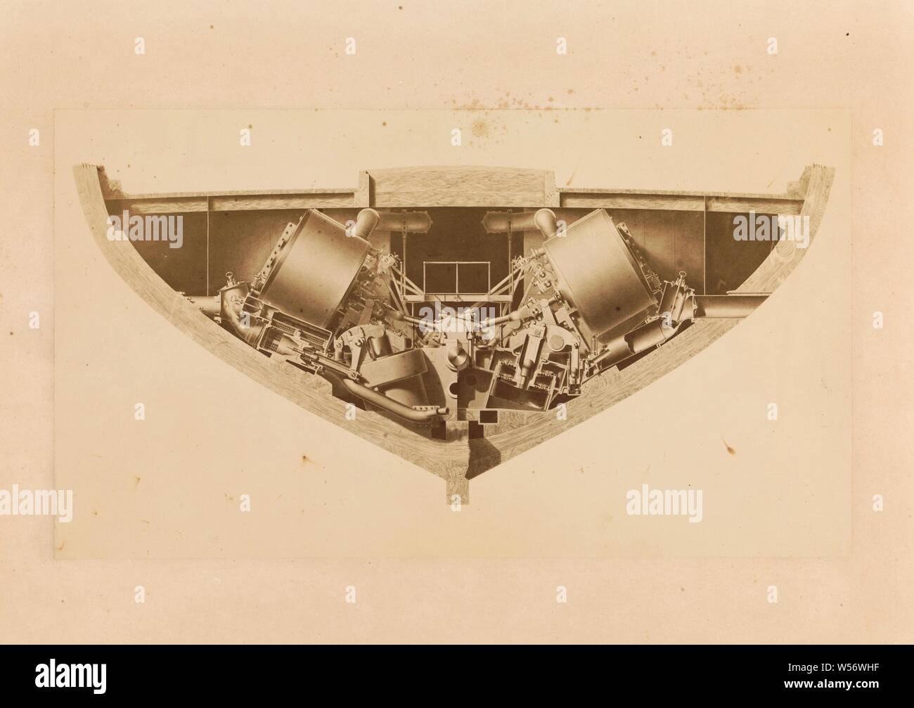 Ansicht einer Dampfmaschine, Bild einer Doppel-, Drei-zylinder diagonal Dampfmaschine entworfen von dem französischen Ingenieur Henry Dupuy de Lôme. Teile der beiden Maschinen sind in Kreuz dargestellt., Frankreich, Henry Dupuy de Lôme, anonym, 1870-1880, Papier, Photolithographie, h 47,5 cm x W 57,5 cm Stockfoto