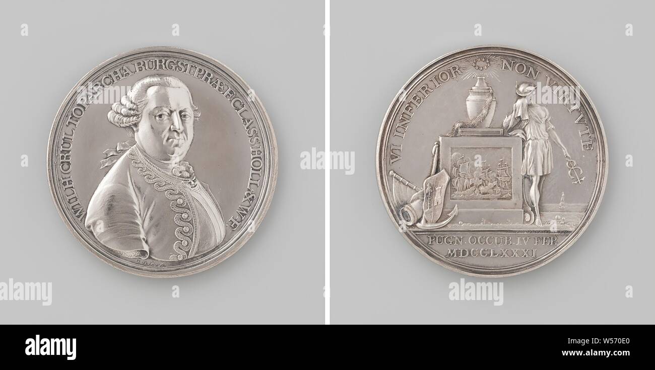 Tod von Schout-by-night Willem Crul, Silbermedaille. Front: Die man-Büste im Inneren. Umgekehrt: Unter strahlender Stern Girlande: Grab, mit einer Leiche um einen Cypress Zweig, Grab-basierte seeschlacht hängend, gegen ein Monument sind Wappen, Anker, Kanonen, und Banner, rechts Mercury mit Personal in der Hand und Kopf gesenkt, im Hintergrund Schiff auf dem ruhigen Meer innerhalb von Umfang, abgeschnitten: Inschrift, Vierten Englisch-Niederländischen Krieg, St. Eustatius, Willem Crul, Johan George Holtzhey, Amsterdam, 1781, silber (Metall), markanten (Metallverarbeitung), d 4,5 cm × w 33.73 Stockfoto