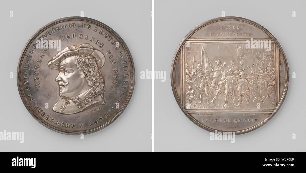 Die Nachtwache von Rembrandt van Rijn, silberne Medaille. Vorderseite: Rembrandt Büste, mit Profil auf der linken Seite mit den Painter hat in zwei Zeilen Umfang. Rückwärtsgang: Bild von dem Gemälde "Die Nachtwache" oben und unten Inschrift., Amsterdam, Moses de Vries, 1873, silber (Metall), markanten (Metallverarbeitung), d 10,9 cm x T 0,6 cm Stockfoto