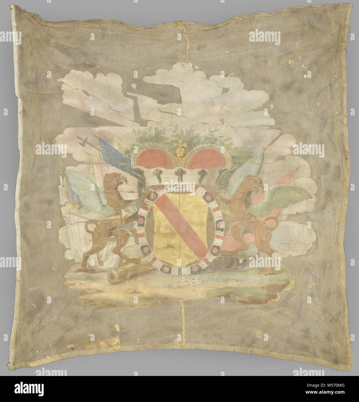 Oberst banner Einer von Baden-Durlach, Ecru Regimenter, in der Mitte das Wappen von Baden, abgedeckt durch die königliche Krone, von einer weißen, roten und schwarzen gestaltete Band umgeben. Das Ganze ist mit zwei greifen (auf dem Flug Seite abgewendet), und ist auf eine Trophäe von Bannern, Waffen, etc. platziert, hinter der Krone, eine grünen Hain, hinter der Sonne und Wolken. Im Vordergrund auf dem Flug Seite ein kreuzförmiges Order Mark. Paradekant: Statt der Wappen von Baden das Wappen der Republik. Die ovale Band um es ist blau: CONCORDIA PARVAE RES CRESCUNT, abgedeckt durch eine Krone Stockfoto