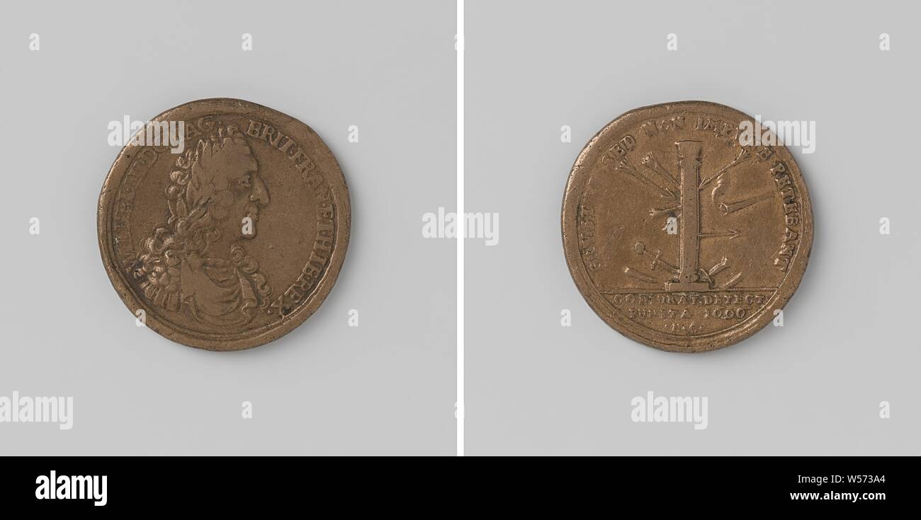 Angriff auf das Leben von William III. von Sir George Barclay, Kupfer-Medaille. Vorderseite: des Menschen Bruststück mit Lorbeerkranz innerhalb einer Inschrift. Nachteil: Dolche, Pfeile und Fackeln fallen aus der Spalte, die, gegen die sie in einem Kreis gerichtet waren gebrochen, geschnitten: Inschrift, England, William III (Prinz von Oranien, König von England, Schottland und Irland), Louis XIV (König von Frankreich), James II (König von England und Schottland), George Barclay, Nicolas Chevalier, Amsterdam, 1696, kupfer (Metall), markanten (Metallverarbeitung), d 2,6 cm × w 7,79 Stockfoto