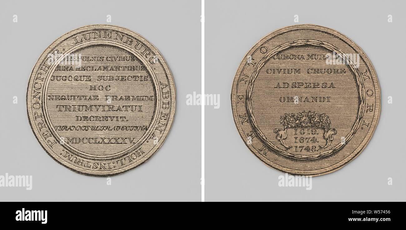 Die Anerkennung der Kommissare der acht civic Korps in Utrecht vom Bürgermeister und vro Gereedschap, Vorderseite: Inschrift in der Inschrift. Rückwärtsgang: Inschrift über Dorn Krone und Kartusche mit drei Jahre innen Inschrift, Utrecht, anonyme, Niederlande, 1785, Karton, markanten (Metallverarbeitung), d 5,3 cm × w 1,44 Stockfoto