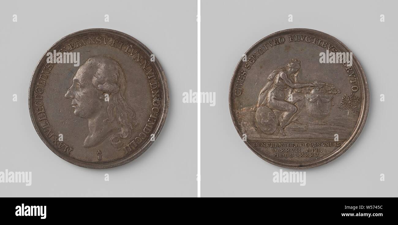 Tod von Maximilian Julius Leopold, Herzog von Brunswijk, in der Oder bei Hochwasser ertrunken, silberne Medaille. Front: Die man-Büste im Inneren. Rückseite: gekrönt Frau mit Wappen sitzen Trauer neben Leiche im Inneren eine Inschrift, abgeschnitten: Inschrift., Frankfurt/Oder, Oder, Maximilian Julius Leopold von Braunschweig-Wolfenbüttel, Abraham Abrahamson, Berlin, 1785, silber (Metall), markanten (Metallverarbeitung), d 4,2 cm × w 27,95 Stockfoto