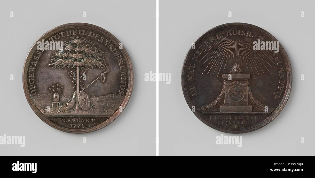 25 Jahre des Bestehens des nationalen niederländischen Haushalt Gesellschaft, vormals Oeconomic Zweig der Hollandsche Gesellschaft der Wissenschaften in Haarlem, silberne Medaille. Vorderseite: Eiche mit einem spider Rock, Mitarbeiter von Quecksilber, gefüllten Horn von Fülle, Speer mit Eiche Kranz, Medusa Schild und den Bienenstock innerhalb einer Inschrift versammelt sind, abgeschnitten: Inschrift. Rückwärtsgang: brennenden Altar mit Girlanden aus Eichenlaub geschmückt, auf der Grundlage von Abbildung XXV in schlankem, Runden im Rahmen, abgeschnitten: Inschrift, Haarlem, Oeconomic Zweig der Hollandsche Maatschappij der Wetenschappen, Johan George Stockfoto