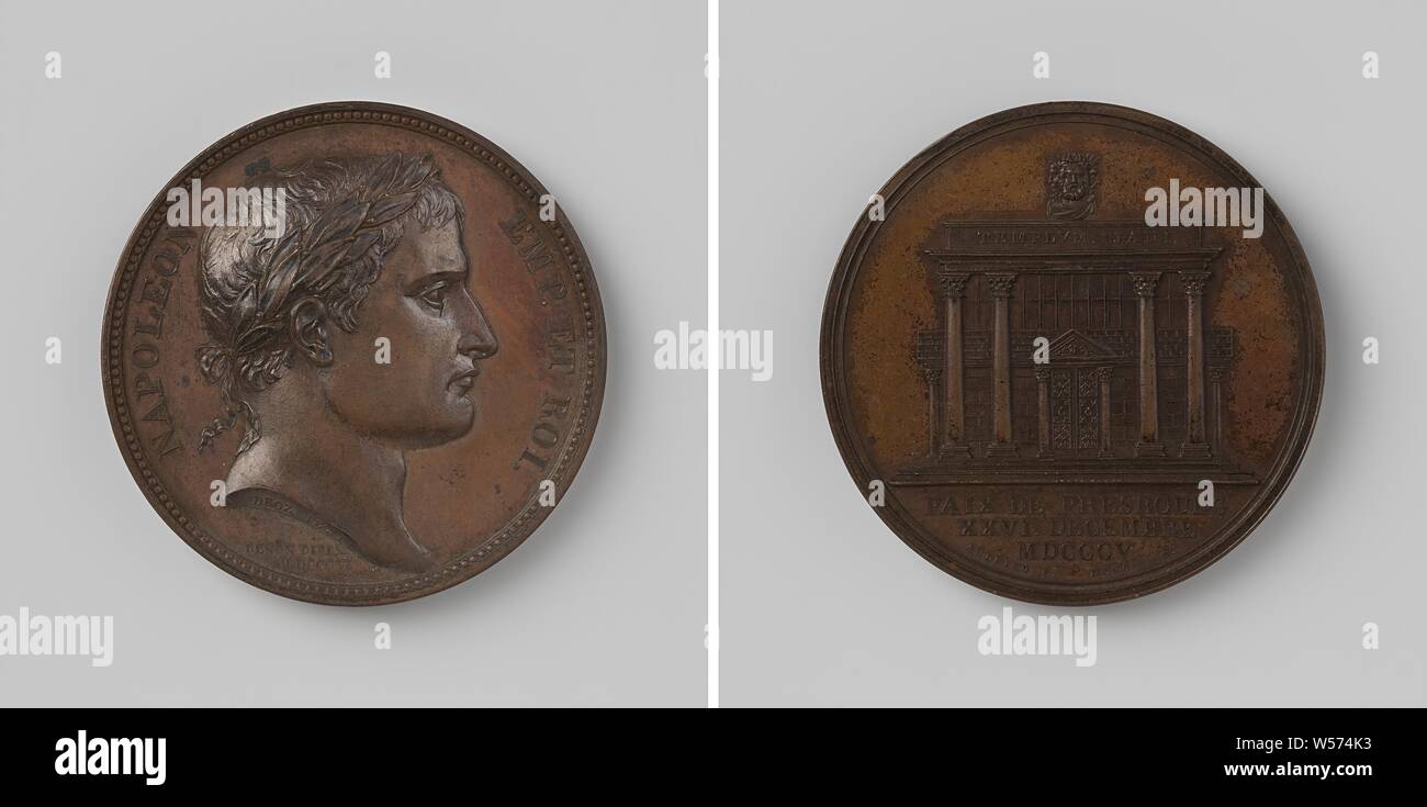 Frieden von Pressburg zwischen Österreich und Frankreich, zu Ehren von Napoleon I Bonaparte, Kaiser der Franzosen, die Bronzemedaille. Vorderseite: des Menschen Bruststück mit Lorbeerkranz innerhalb einer Inschrift. Rückwärtsgang: Geschlossen: Tempel des Janus, abgeschnitten: Inschrift, Bratislava, Napoleon Bonaparte ICH (Kaiser der Franzosen), Jean-Pierre Droz, Paris, 1805, bronze (Metall), markanten (Metallverarbeitung), d4cm × w 37.34 Stockfoto