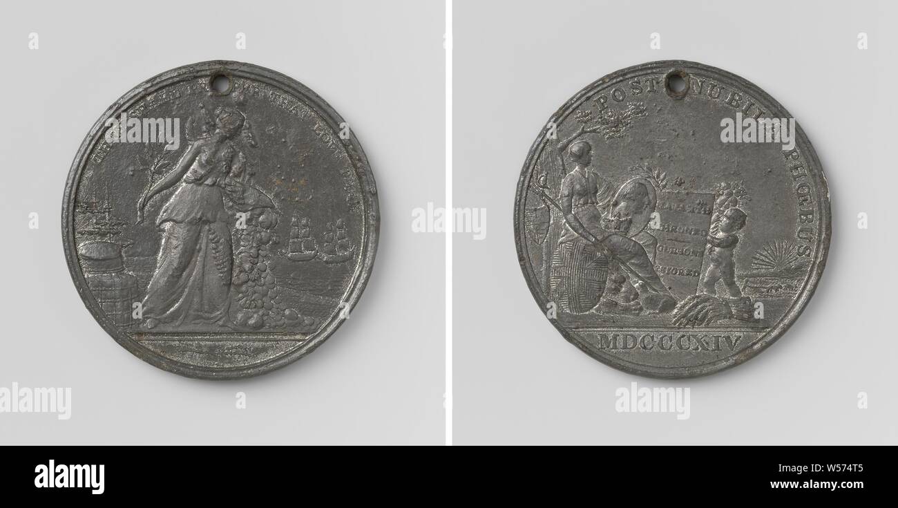 Paris erste Frieden zwischen Frankreich und den Alliierten, Penning mit einem Loch Vorderseite: Frieden mit Ölzweig in der Hand leert sich das Horn des Überflusses, neben ihrem Beutel und Faß, Kempson & Kindon, Birmingham, 1814, Legierung, markanten (Metallverarbeitung), d 3,8 cm × w 20.14 Stockfoto