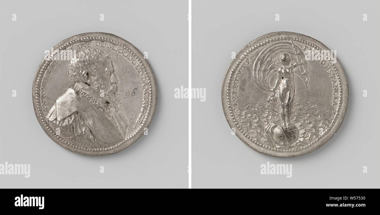 Anthony van Stralen, Herr von merksem und Dambrugge, Bürgermeister von Antwerpen, führen Medaille. Front: Die man-Büste im Inneren. Rückwärtsgang: Glück mit Segel über den Kopf und stand in einer Shell in einem Umfang., Antwerpen, Antoon van, Heer van Merksem und Dambrugge Jonghelinck Stralen, Jacques, 1565, Gründung, d 5,6 cm × w 40.85 Stockfoto