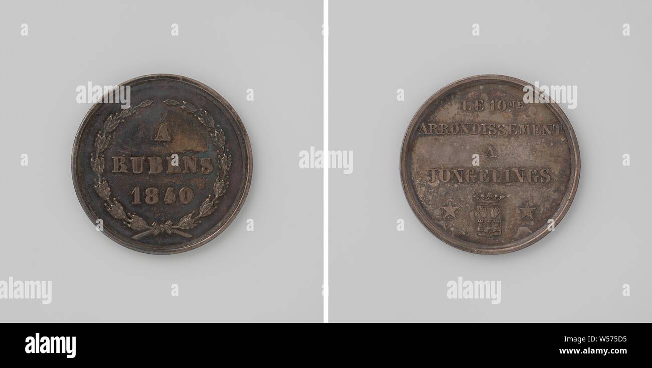 Schaffung einer Statue für den Maler Pieter Paul Rubens in Antwerpen, Medaille, die von der Münze Workshop aus der Zeit von Rubens, der sich auf eine der depravel Autos der Prozession, Silbermedaille Stellen angeschlagen wurde. Vorderseite: Inschrift im Lorbeerkranz. Rückwärtsgang: Inschrift über gekrönte Wappen zwischen zwei Sterne, Antwerpen, Peter Paul Rubens, Jacob Jonghelinck, anonym, Aug-1840, silber (Metall), markanten (Metallverarbeitung), d 2,9 cm × w 7,94 Stockfoto