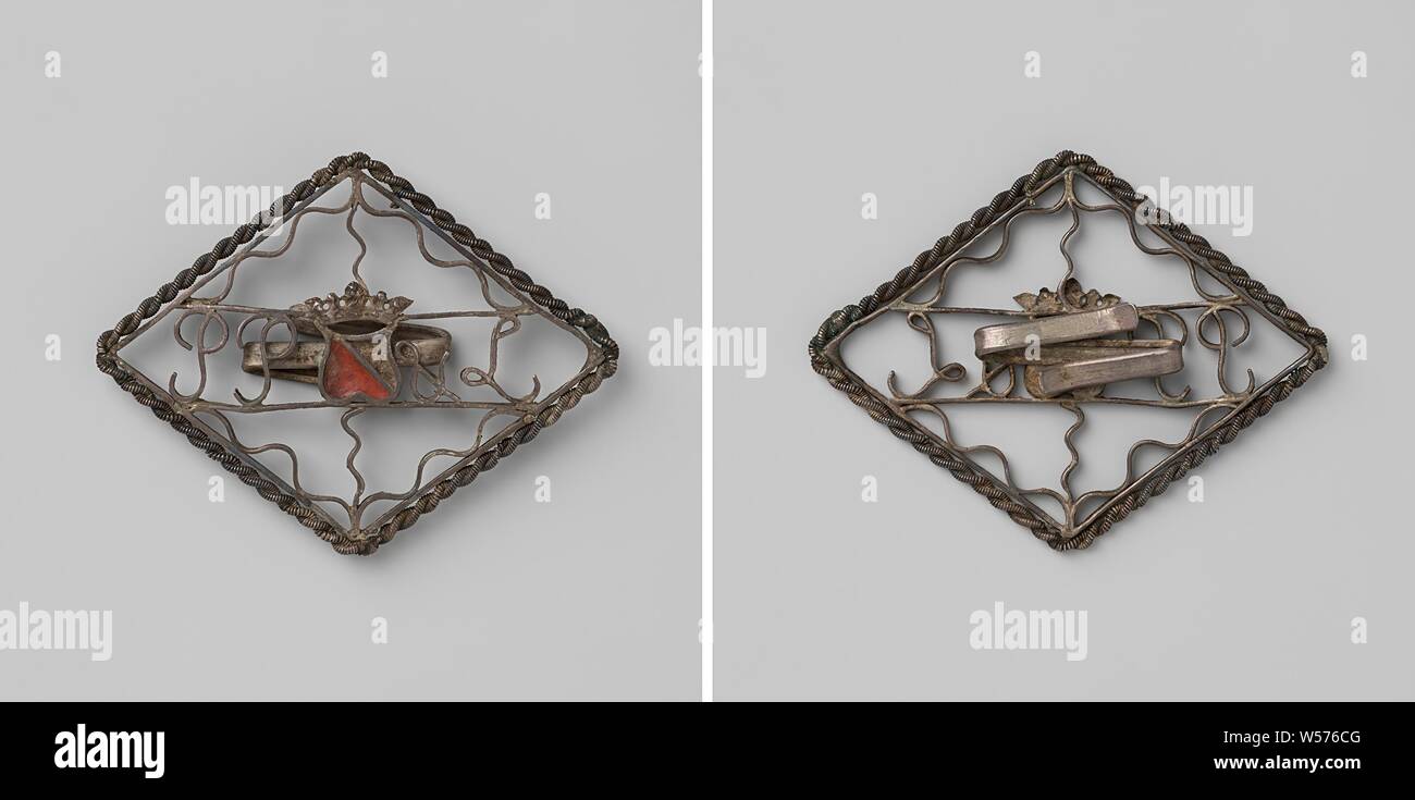Utrecht Arms Company Pro Patria et Libertate, Silber rautenförmig durchbrochenem Durchführung unterzeichnen, in der Mitte gekrönt Utrecht Wappen mit emaillierter Felder [nur den unteren Teil noch erhaltenen], Links Briefe PP, Rechts&L, oben und unten drei Wellenlinien innerhalb eines Diamanten, In-line, Utrecht, Niederlande, anonym, 1784-1787, silber (Metall), Sägen, h 4,3 cm × 5,6 cm × w w 6,95 Stockfoto