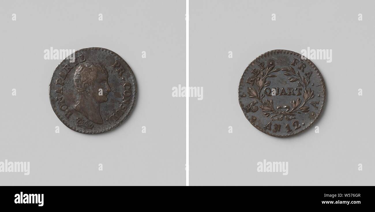 Quartal-franc Münze von Napoleon Bonaparte, erster Konsul der Französischen Republik, Vorderseite: der Mann Büste nach rechts innerhalb einer Inschrift. Invers: Die Anzeige innerhalb von Laurel chance und Beschriftung, Napoleon Bonaparte ICH (Kaiser der Franzosen), Pierre Joseph Tiolier, Paris, 24-Sep-1803 - 22-Aug-1804, silber (Metall), markanten (Metallverarbeitung), d 1,5 cm × w 1.24 Stockfoto