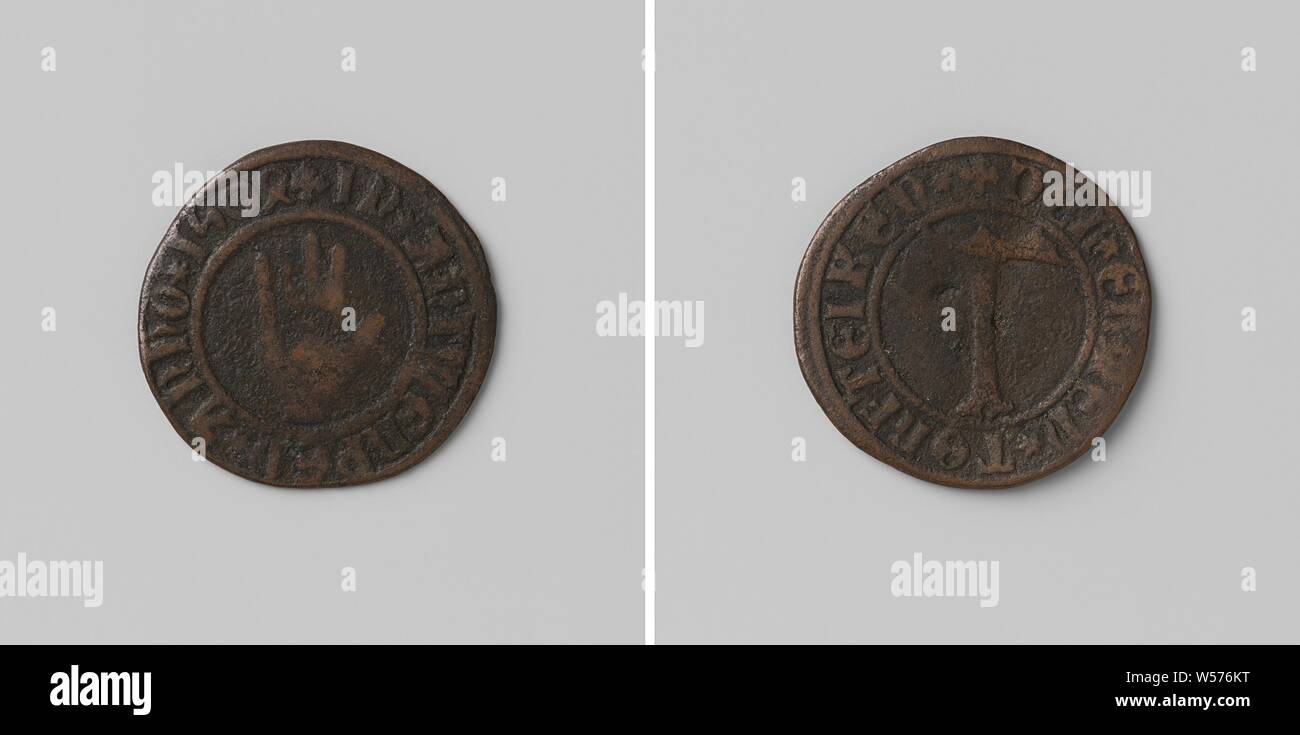 Stadt Antwerpen, führen, die das Recht gab, Torf, Kupfer-Medaille. Vorderseite: geöffnete Hand in einer Inschrift. Rückwärtsgang: Buchstaben T innerhalb eines Kreises, Antwerpen, anonym, 1504, kupfer (Metall), markanten (Metallverarbeitung), d 1,9 cm × w 1.63 Stockfoto