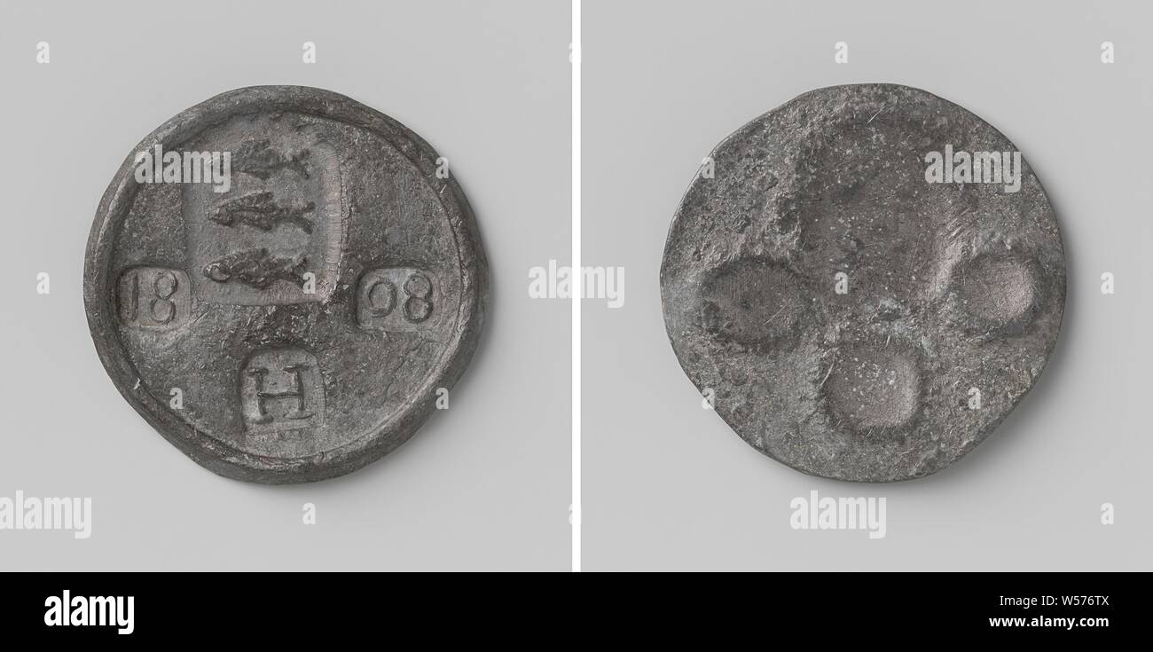 Führen mit dem Buchstaben H, durch den vereidigten net Piloten aus Enkhuizen für die Leitung der Netze für die Heringe fangen, Single-sided Marker. Vorne: vier Briefmarken, Oben: drei Pflöcke übereinander platziert, unten: Buchstabe H, in Briefmarken links und rechts: Jahr. Rückwärtsgang: Leer, Enkhuizen, anonym, 1808, Gründung, d 3,3 cm × w 16,70 Stockfoto