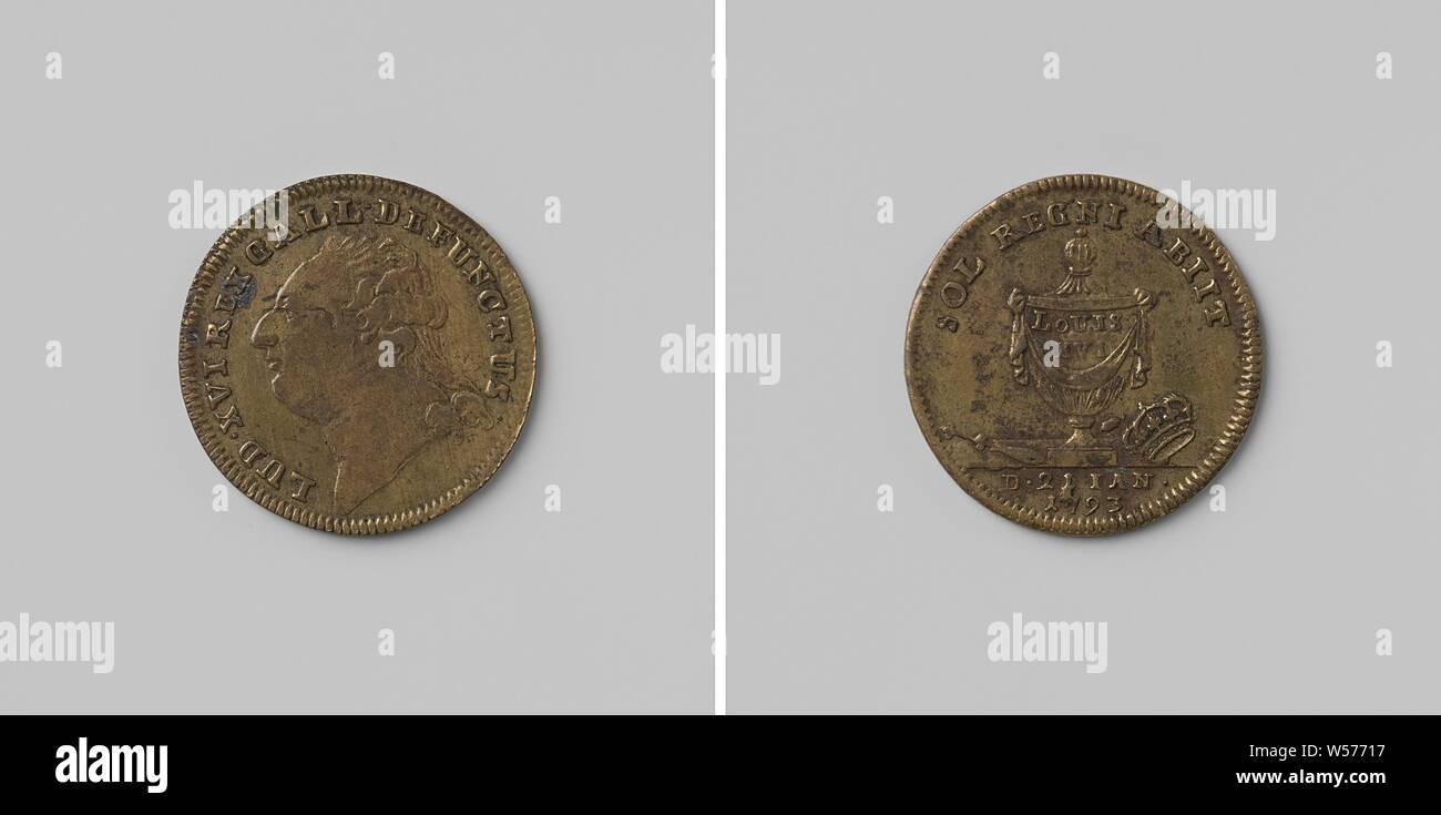 Ausführung von Ludwig XVI., König von Frankreich, Messing Medaille. Front: Die man-Büste im Inneren. Zurück: Leiche mit Beschriftung stehen zwischen Zepter und Krone innerhalb Inschrift, abgeschnitten: Datum, Paris, Louis XVI (König von Frankreich), anonyme, Frankreich, 1793, Messing (Legierung), markanten (Metallverarbeitung), d 2,4 cm × w 4.17 Stockfoto