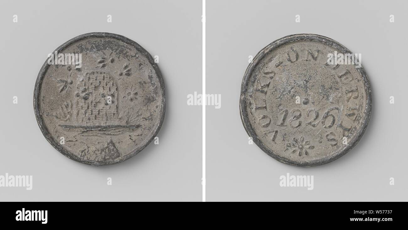 Institut für Folk Ausbildung in Mathematik und Physik von der Abteilung von Amsterdam der Gesellschaft für die Nützlichkeit der Allgemeinen, führen Medaille. Vorderseite: Bienenstock, um die Bienen fliegen. Die andere Seite: Jahr innerhalb von omschrift, Amsterdam, Maatschappij tot Mutter Van 't Algemeen, anonym, 1826, Gründung, d 3,7 cm × w 20.78 Stockfoto