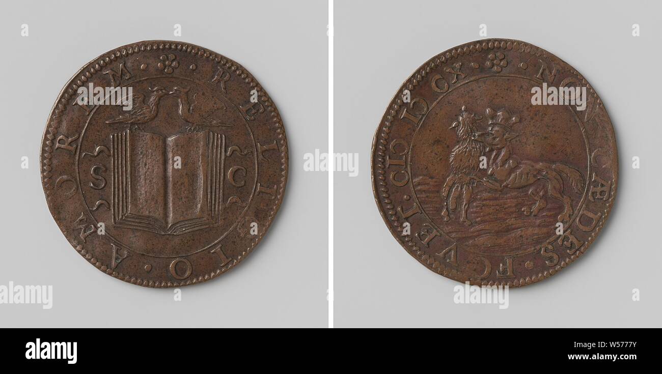 Mord an Heinrich IV., König von Frankreich, Kupfer-Medaille. Vorderseite: zwei Tauben sitzen auf den oberen Rand der geöffneten Buch zwischen die Buchstaben S und C innerhalb der Inschrift. Rückwärtsgang: Löwe mit Jesuit Kappe auf dem Kopf abgerissen Lamm in einem Wrap, Frankreich, Henry IV (König von Frankreich und Navarra), Mitgliedstaaten allgemeine, anonyme, Dordrecht, 1610, kupfer (Metall), markanten (Metallverarbeitung), d 3 cm × w 5,84 Stockfoto