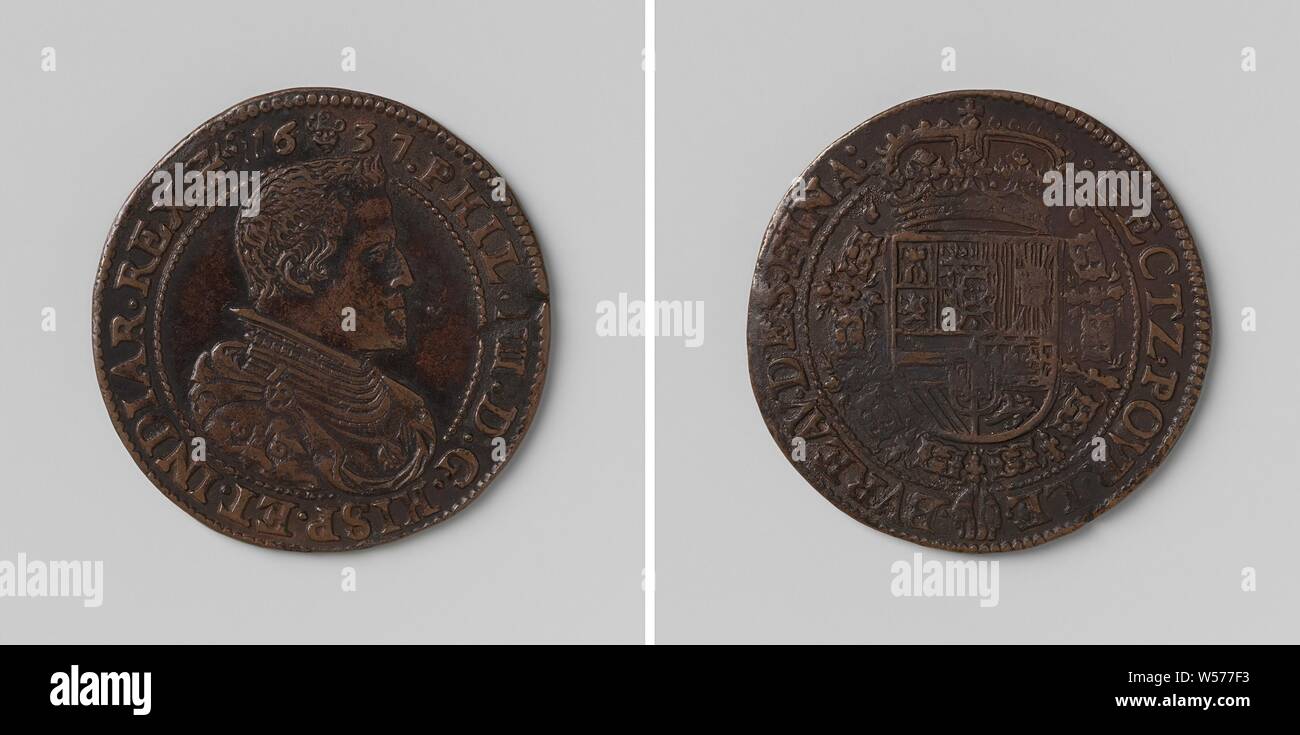 Philipp IV., König von Spanien, Gebühr Token im Auftrag der Rat der Finanz-, Kupfer- Medaille. Front: Die man-Büste im Inneren. Rückwärtsgang: gekrönte Wappen, hängen mit der Orden vom Goldenen Vlies in einem Wrap, Philip IV (König von Spanien), Rat der Finanzminister, anonym, Brüssel, 1637, kupfer (Metall), markanten (Metallverarbeitung), d 2,9 cm × w 5.29 Stockfoto