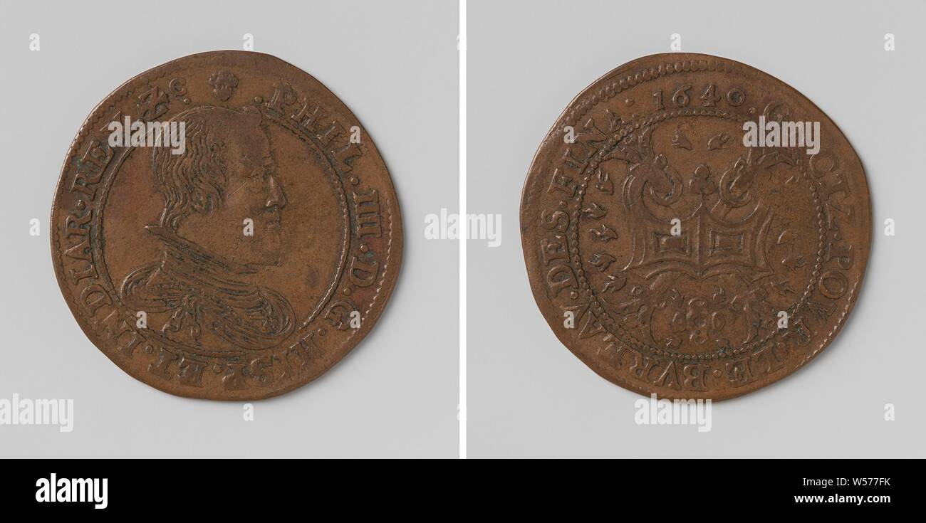 Philipp IV., König von Spanien, gezählt Token im Auftrag der Rat der Finanzminister, Kupfer Token belastet. Front: Die man-Büste im Inneren. Rückwärtsgang: Feuern, in denen Funken schießen auf Burgundische Kreuz, unten: Flint innerhalb eines Kreises, Philip IV (König von Spanien), Rat der Finanzminister, anonym, Brüssel, 1640, kupfer (Metall), markanten (Metallverarbeitung), d 3 cm × w 4.42 Stockfoto