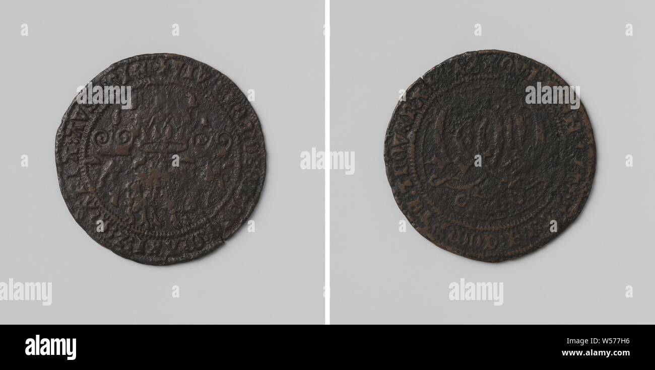 Maximilian, Erzherzog von Österreich, gewählten Großmeister des Ordens vom Goldenen Vlies, Kupfer-Medaille. Vorderseite: Goldene Vlies unter Krone, flankiert von zwei Funken des Feuers in einem Kreis. Rückseite: zwei miteinander verwobene, gotische Buchstaben M innerhalb einer Inschrift, Maximilian I. von Habsburg (Kaiser des Heiligen Römischen Reiches), Orden vom Goldenen Vlies, anonym, 1478, kupfer (Metall), markanten (Metallverarbeitung), d 2,7 cm × w 3.58 Stockfoto