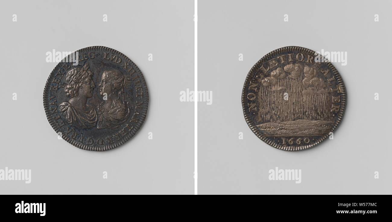 Die Ehe von Louis XIV und Maria Theresia, König und Königin von Frankreich, Medaille unter den Anwesenden, Silbermedaille verstreut. Vorne: Brust Stücke der Mann mit Lorbeerkranz und Frau mit Krone innen Inschrift. Rückwärtsgang: Regen aus Wolken innerhalb eines Kreises, abgeschnitten: Jahr, Saint-Jean-de-Luz, Louis XIV (König von Frankreich), Maria Theresia (Königin von Frankreich), Jean Warin (II) (Kopieren nach), Paris, 1660, silber (Metall), markanten (Metallverarbeitung), d 2,7 cm × w 7.26 Stockfoto