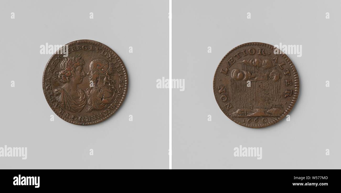 Die Ehe von Louis XIV und Maria Theresia, König und Königin von Frankreich, Kupfer-Medaille. Vorne: Brust Stücke der Mann mit Lorbeerkranz und Frau mit Krone innen Inschrift. Rückwärtsgang: Regen aus Wolken innerhalb eines Kreises, abgeschnitten: Jahr, Saint-Jean-de-Luz, Louis XIV (König von Frankreich), Maria Theresia (Königin von Frankreich), Jean Warin (II) (Kopieren nach), Paris, 1660, kupfer (Metall), markanten (Metallverarbeitung), d 2,6 cm × w 5.94 Stockfoto