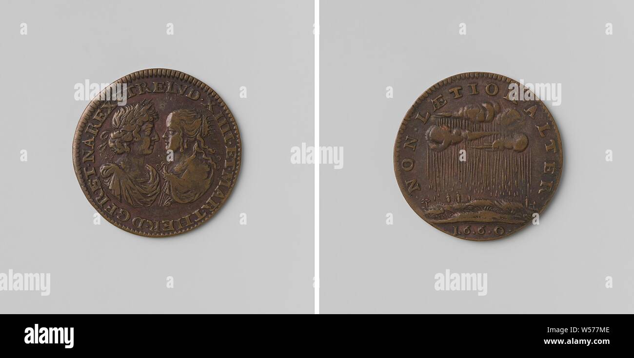 Die Ehe von Louis XIV und Maria Theresia, König und Königin von Frankreich, Kupfer-Medaille. Vorne: Brust Stücke der Mann mit Lorbeerkranz und Frau mit Krone innen Inschrift. Rückwärtsgang: Regen aus Wolken innerhalb eines Kreises, abgeschnitten: Jahr, Saint-Jean-de-Luz, Louis XIV (König von Frankreich), Maria Theresia (Königin von Frankreich), Jean Warin (II) (Kopieren nach), Paris, 1660, kupfer (Metall), markanten (Metallverarbeitung), d 2,7 cm × w 5,86 Stockfoto