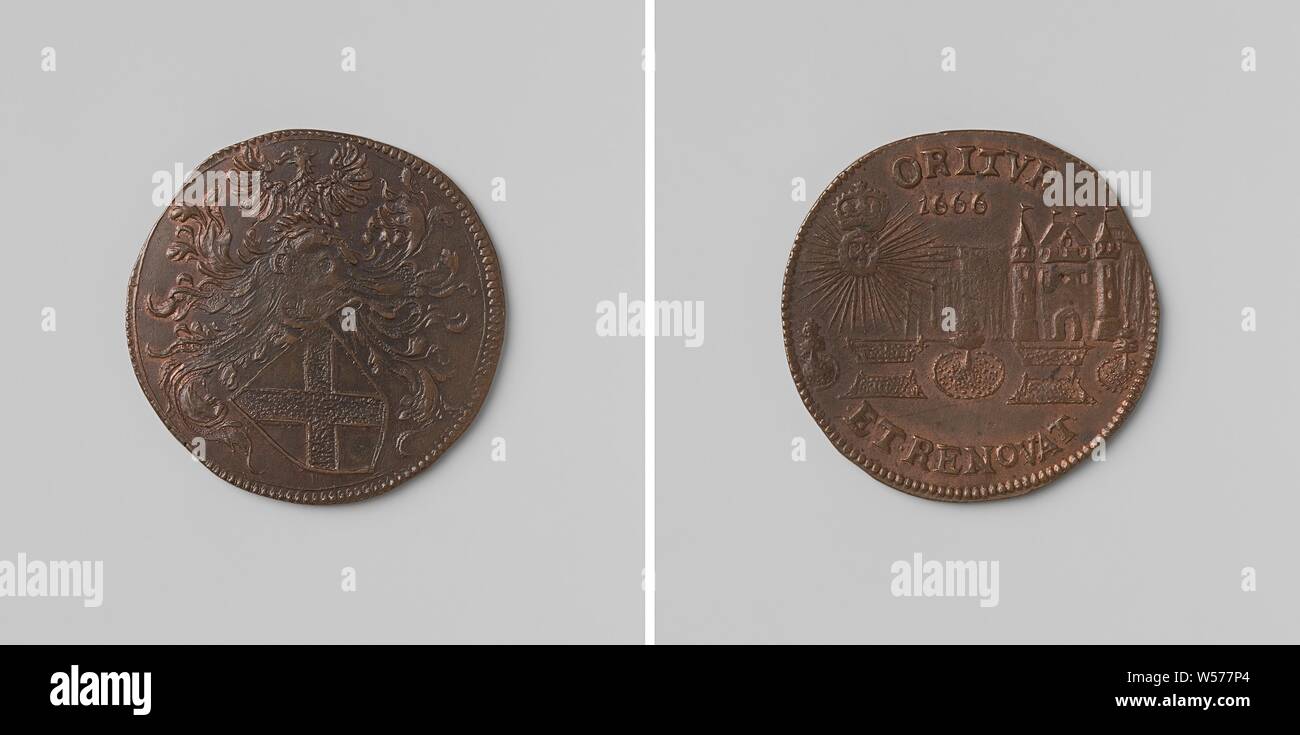 Klettern den Thron von Charles II., König von Spanien, zählen Medaille von Jean Balthazar De Visscher, Baron von Celles, Magistrat der Fiskus von Brüssel, Kupfer-Medaille. Vorderseite: behelmte Wappen. Rückwärtsgang: Palast mit Garten, erleuchtet von gekrönt Sun, in dem Buchstaben C befindet sich eine Inschrift, Brüssel sichtbar, Jean Balthazar De Visscher (Baron von Celles), Charles II (König von Spanien), anonyme, Belgien, Jan-1263, kupfer (Metall), markanten (Metallverarbeitung), d 3,1 cm × w 6.25 Stockfoto