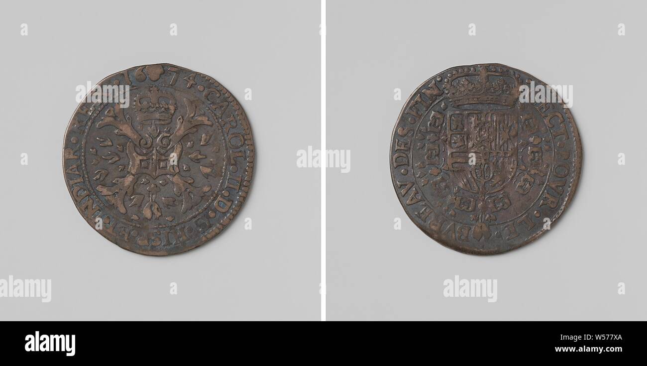 Charles II., König von Spanien, gezählt Token im Auftrag der Rat der Finanzminister, Silbermedaille aufgeladen. Vorderseite: Brennen unter Krone auf Burgundische Kreuz, die durch Funken, unten: Flint, in denen Funken sind innerhalb eines Kreises feuerte umgeben. Rückseite: gekrönte Wappen, hängen mit der Orden vom Goldenen Vlies in Umfang, Charles II (König von Spanien), Rat der Finanzminister, anonym, Brüssel, 1674, silber (Metall), markanten (Metallverarbeitung), d 3,1 cm × W69 Stockfoto