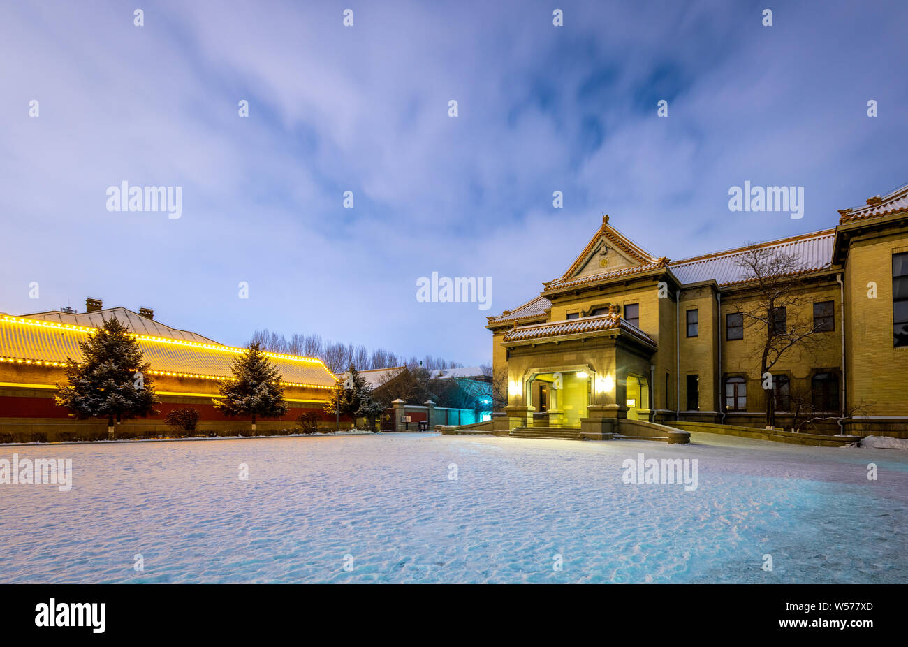 Landschaft des Museums des Imperial Palace Mandschukuo nach einem Schneefall in Changchun, im Nordosten Chinas in der Provinz Jilin, 15. Februar 2019. Th Stockfoto