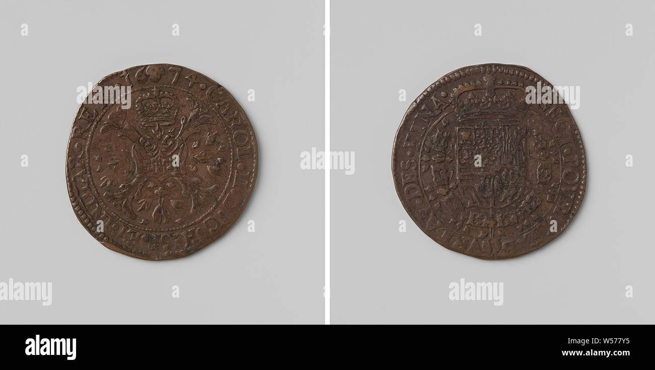 Charles II., König von Spanien, gezählt Token im Auftrag der Rat der Finanzminister, Kupfer Token belastet. Vorderseite: Brennen unter Krone auf Burgundische Kreuz, die durch Funken, unten: Flint, in denen Funken sind innerhalb eines Kreises feuerte umgeben. Rückseite: gekrönte Wappen, hängen mit der Orden vom Goldenen Vlies in Umfang, Charles II (König von Spanien), Rat der Finanzminister, anonym, Brüssel, 1674, kupfer (Metall), markanten (Metallverarbeitung), d 3,2 cm × w 6.30 Stockfoto