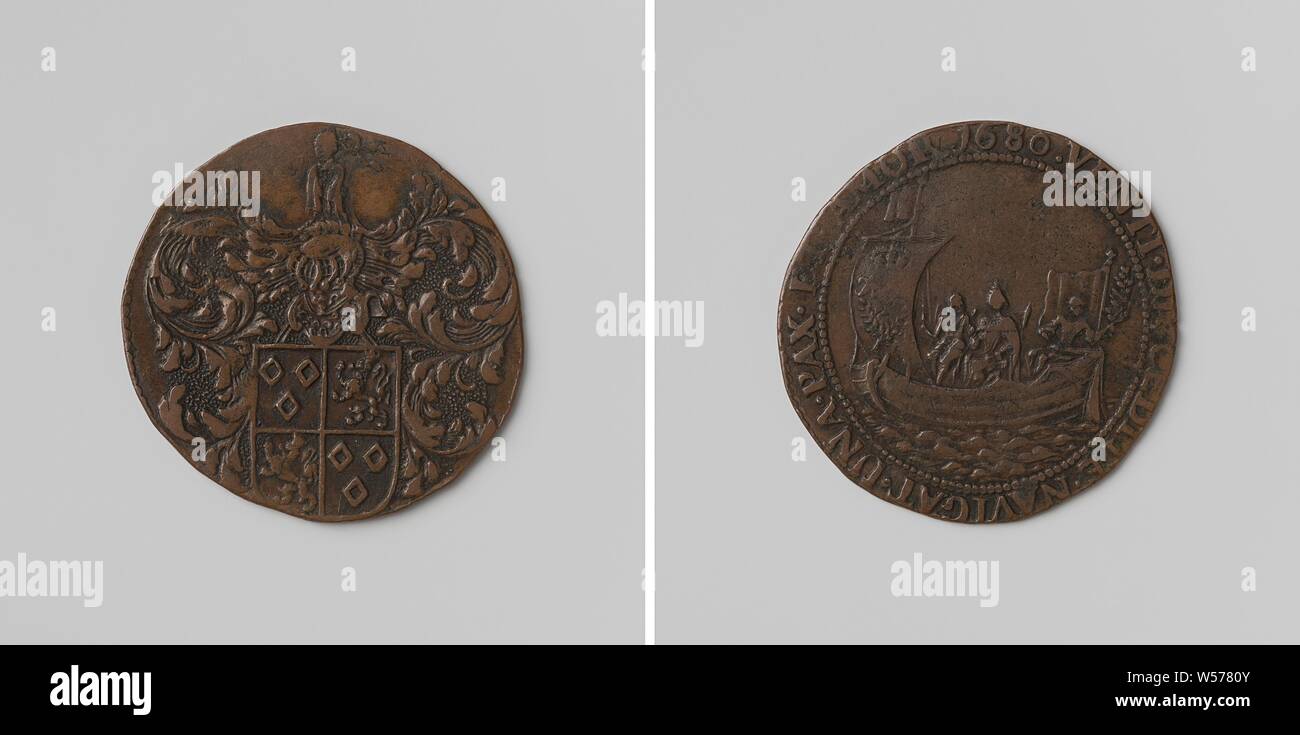 Kreuzung von Marie Louise von Orleans nach Spanien, Berechnung Token von Jacques Louis Madoets, Herr von Boetsvaert, 50 Intendant der Kanal von Brüssel, Kupfer-Medaille. Vorderseite: behelmte Wappen in einer Inschrift. Rückwärtsgang: Marie Louise und Charles II, sitzen im Schiff durch Frieden mit Ölzweig in der Hand gesteuert, Vaart Van Brussel, Spanien, Marie Louise I (Königin von Spanien), Charles II (König von Spanien), Jakob Madoets, anonym, Brüssel, 1680, kupfer (Metall), markanten (Metallverarbeitung), d 3,1 cm × w 5.58 Stockfoto