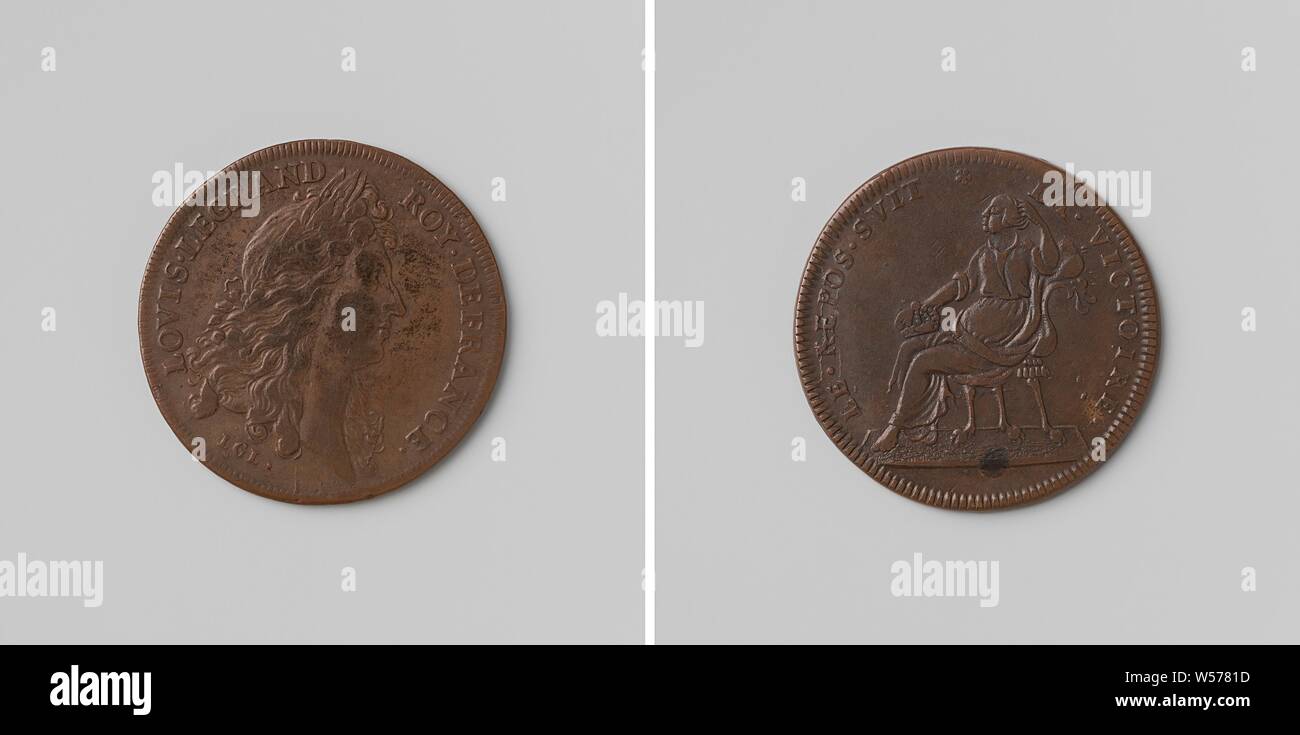 20-jährige Datei aus Regensburg zwischen Frankreich, den Kaiser, Spanien und den Niederlanden, gezählt Token zu Ehren von Ludwig XIV., König von Frankreich, Kupfer-Medaille. Vorderseite: des Menschen Bruststück mit Lorbeerkranz innerhalb einer Inschrift. Rückwärtsgang: Sitzende Frau, der Rest, eine Krone auf ihr Knie in einem Wrap, Regensburg, Louis XIV (König von Frankreich), Lazarus Gottlieb Lauffer, Neurenberg, 1684, kupfer (Metall), markanten (Metallverarbeitung), d 2,5 cm × w 4.79 Stockfoto