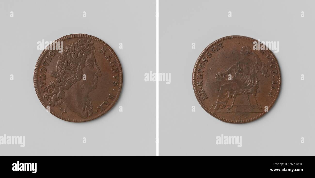 20-jährige Datei aus Regensburg zwischen Frankreich, den Kaiser, Spanien und den Niederlanden, gezählt Token zu Ehren von Ludwig XIV., König von Frankreich, Kupfer-Medaille. Vorderseite: des Menschen Bruststück mit Lorbeerkranz innerhalb einer Inschrift. Rückwärtsgang: Sitzende Frau, der Rest, eine Krone auf ihr Knie in einem Wrap, Regensburg, Louis XIV (König von Frankreich), CL (Monogrammist medailleur), Neurenberg, 1684, kupfer (Metall), markanten (Metallverarbeitung), d 2,4 cm × w 4.73 Stockfoto