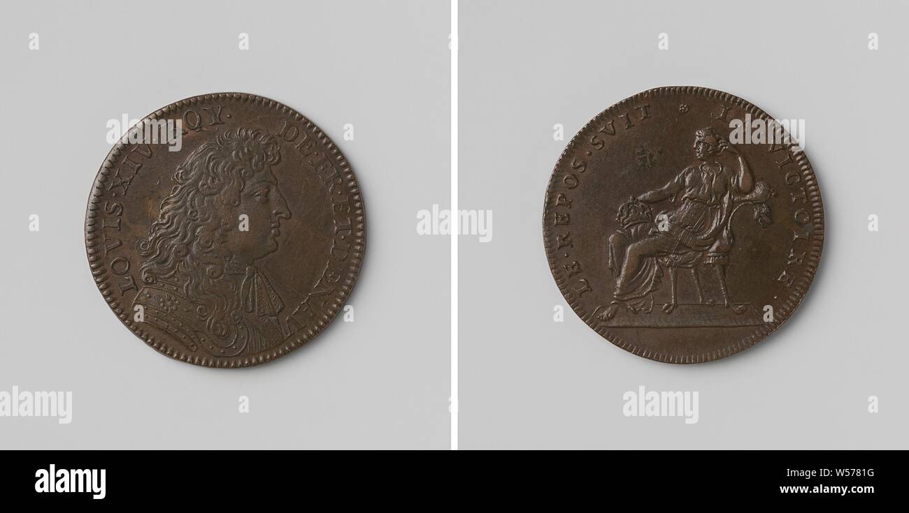 20-jährige Datei aus Regensburg zwischen Frankreich, den Kaiser, Spanien und den Niederlanden, gezählt Token zu Ehren von Ludwig XIV., König von Frankreich, Kupfer-Medaille. Front: Die man-Büste im Inneren. Rückwärtsgang: Sitzende Frau, der Rest, eine Krone auf ihr Knie in einem Wrap, Regensburg, Louis XIV (König von Frankreich), anonym, 1684, kupfer (Metall), markanten (Metallverarbeitung), d 2,7 cm × w 6,78 Stockfoto