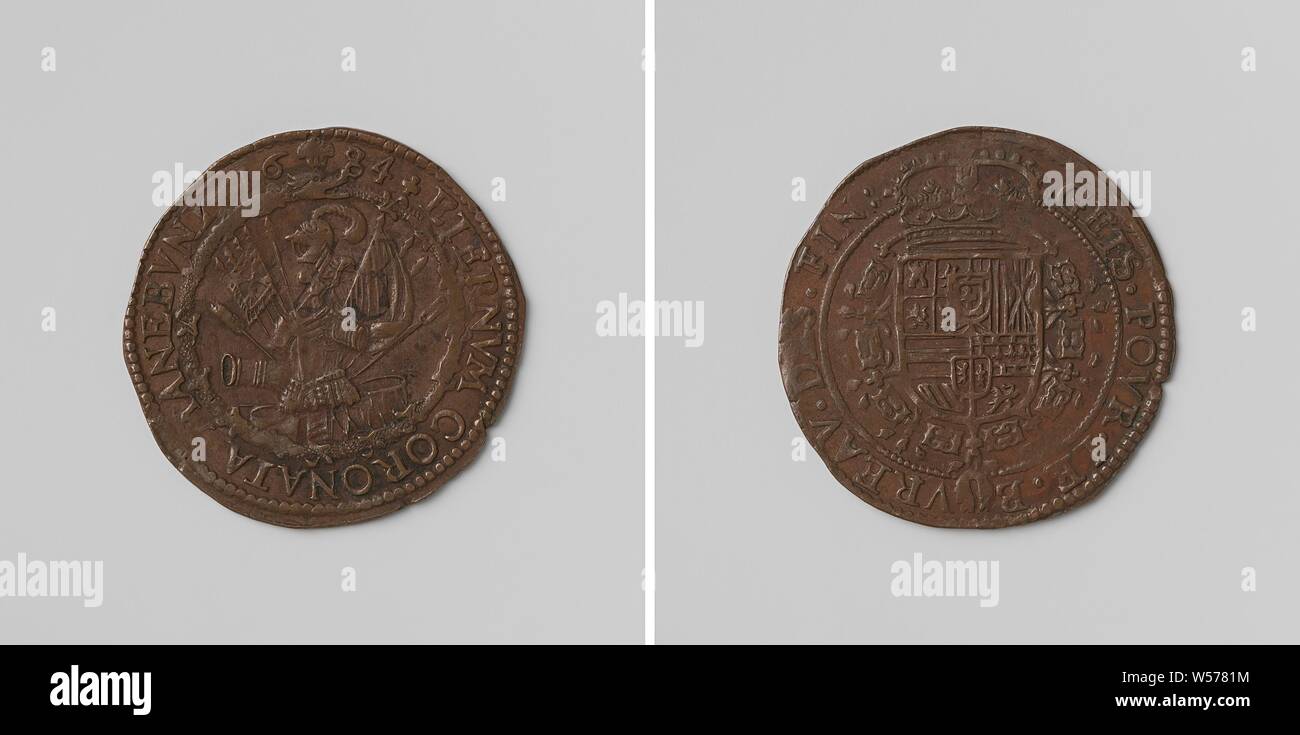 20-jährige Datei aus Regensburg zwischen Frankreich, den Kaiser, Spanien und den Niederlanden, gezählt Token im Auftrag der Rat der Finanzminister, Kupfer Medaille aufgeladen. Vorderseite: Waffe trophee innerhalb einer Serpentine rund und ein Kreisverkehr. Rückseite: gekrönte Wappen, hängen mit der Orden vom Goldenen Vlies innerhalb eines Kreises, Regensburg, anonyme, Brüssel, 1684, kupfer (Metall), markanten (Metallverarbeitung), d 3,2 cm × w 4.57 Stockfoto